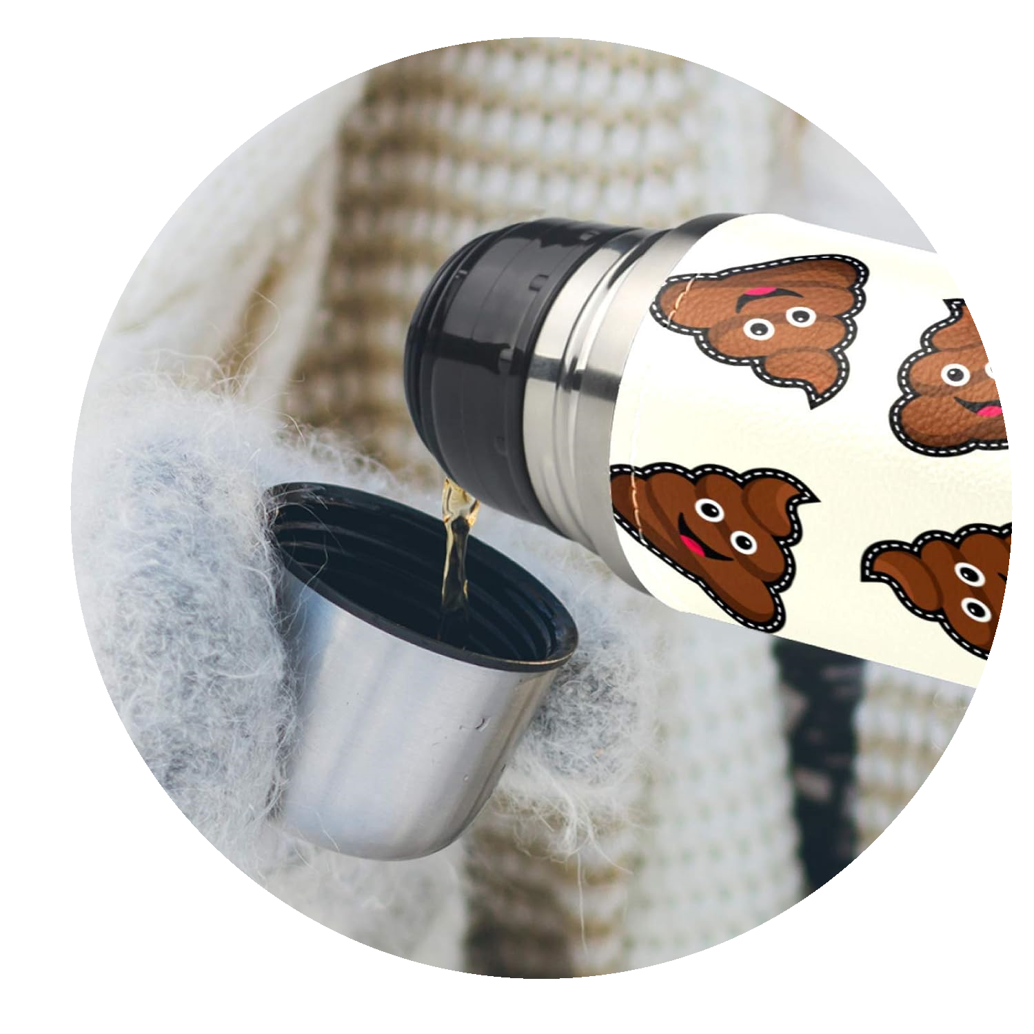 Spinning picture of a thermos painted with poop emoji